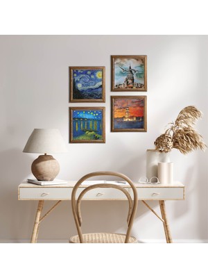 Pinecone Stone Van Gogh, İstanbul Galata Kulesi, Kız Kulesi Ahşap Çerçeveli Taş Duvar Tablosu 4’lü Set – 25x25 cm Dekoratif Modern Sanat – Ev ve Ofis Dekoru |W4-756|
