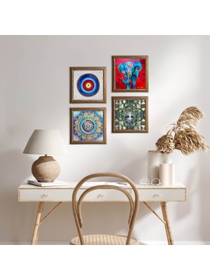 Pinecone Stone Nazar, Hayat Ağacı, Mandala, Fil Ahşap Çerçeveli Taş Duvar Tablosu 4’lü Set – 25x25 cm Dekoratif Modern Sanat – Ev ve Ofis Dekoru |W4-888|