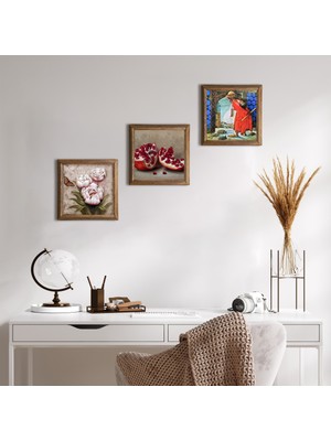 Pinecone Stone Kaplumbağa Terbiyecisi, Kelebekli Çiçek, Nar Ahşap Çerçeveli Taş Duvar Tablosu 3’lü Set – 25x25 cm Dekoratif Modern Sanat – Ev ve Ofis Dekoru |W3-1208|