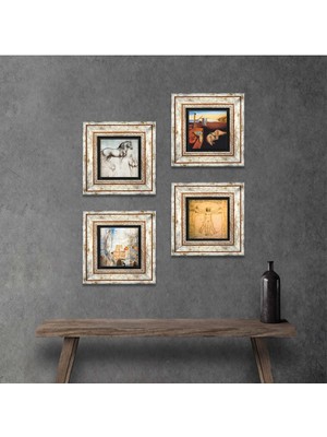 Pinecone Stone Salvador Dalí, Leonardo da Vinci Çerçeveli Taş Duvar Tablosu 4’lü Set - Dekoratif Modern Sanat, Ev ve Ofis Dekoru |TK4-972|