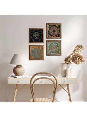 Pinecone Stone Sri Yantra, Yaşam Çiçeği, Hayat Ağacı Ahşap Çerçeveli Taş Duvar Tablosu 4’lü Set – 25x25 cm Dekoratif Modern Sanat – Ev ve Ofis Dekoru |W4-731|
