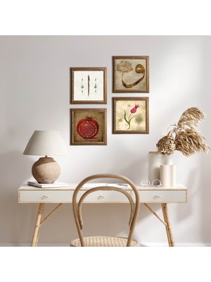 Pinecone Stone Lale, Vav, Elif, Bereket Duası Ahşap Çerçeveli Taş Duvar Tablosu 4’lü Set – 25x25 cm Dekoratif Modern Sanat – Ev ve Ofis Dekoru |W4-929|