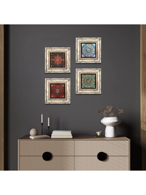 Pinecone Desen, Mandala Taş Duvar Tablosu Çerçeveli Duvar Dekoru 4 Parça Tablo Seti Wall Art T4-1121