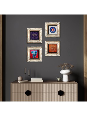 Pinecone Stone Nazar, Hayat Ağacı, Fil, Sri Yantra Çerçeveli Taş Duvar Tablosu 4’lü Set - Dekoratif Modern Sanat, Ev ve Ofis Dekoru |TK4-1152|