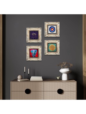 Pinecone Stone Nazar, Hayat Ağacı, Fil, Lotus Çiçeği Çerçeveli Taş Duvar Tablosu 4’lü Set - Dekoratif Modern Sanat, Ev ve Ofis Dekoru |TK4-1159|