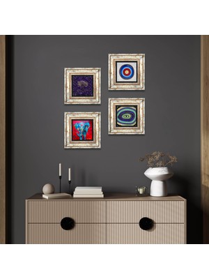 Pinecone Stone Hayat Ağacı, Fil, Nazar Çerçeveli Taş Duvar Tablosu 4’lü Set - Dekoratif Modern Sanat, Ev ve Ofis Dekoru |TK4-1161|