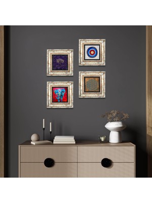 Pinecone Stone Yaşam Çiçeği, Nazar, Hayat Ağacı, Fil Çerçeveli Taş Duvar Tablosu 4’lü Set - Dekoratif Modern Sanat, Ev ve Ofis Dekoru |TK4-1166|
