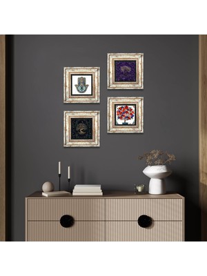 Pinecone Stone Hayat Ağacı, Nar Ağacı, Fatma Ana Eli (Hamsa) Çerçeveli Taş Duvar Tablosu 4’lü Set - Dekoratif Modern Sanat, Ev ve Ofis Dekoru |TK4-1168|