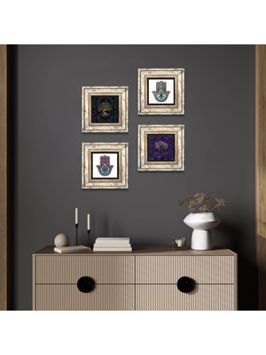 Pinecone Stone Hayat Ağacı, Fatma Ana Eli (Hamsa) Çerçeveli Taş Duvar Tablosu 4’lü Set - Dekoratif Modern Sanat, Ev ve Ofis Dekoru |TK4-1170|