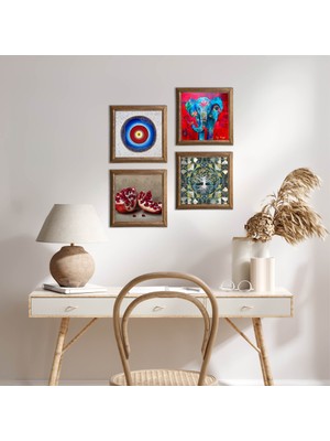 Pinecone Stone Nazar, Hayat Ağacı, Fil, Nar Ahşap Çerçeveli Taş Duvar Tablosu 4’lü Set – 25x25 cm Dekoratif Modern Sanat – Ev ve Ofis Dekoru |W4-912|