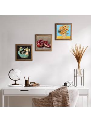 Pinecone Van Gogh On İki Ayçiçekli Vazo, Şahmeran, Nar Taş Duvar Tablosu Ahşap Çerçeveli Duvar Dekoru 3 Parça Tablo Seti Wall Art W3-1026