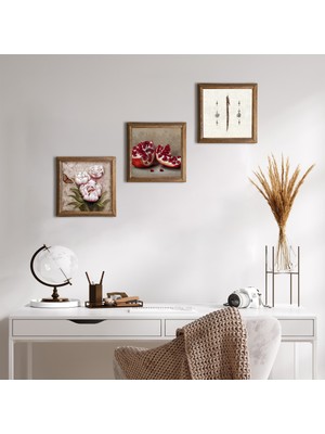 Pinecone Stone Elif, Kelebekli Çiçek, Nar Ahşap Çerçeveli Taş Duvar Tablosu 3’lü Set – 25x25 cm Dekoratif Modern Sanat – Ev ve Ofis Dekoru |W3-1234|