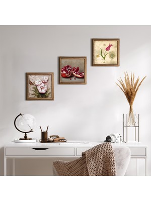 Pinecone Stone Lale Ebru Sanatı, Kelebekli Çiçek, Nar Ahşap Çerçeveli Taş Duvar Tablosu 3’lü Set – 25x25 cm Dekoratif Modern Sanat – Ev ve Ofis Dekoru |W3-1236|