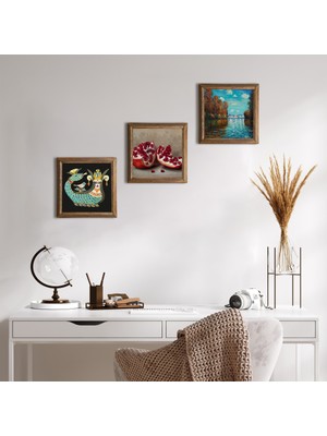 Pinecone Stone Claude Monet Sonbahar, Şahmeran, Nar Ahşap Çerçeveli Taş Duvar Tablosu 3’lü Set – 25x25 cm Dekoratif Modern Sanat – Ev ve Ofis Dekoru |W3-1020|