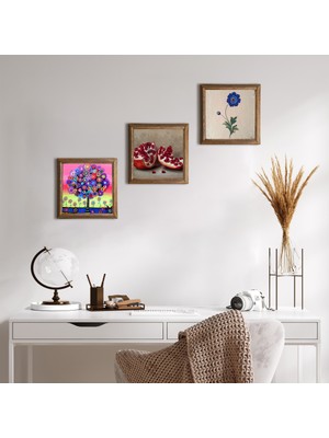 Pinecone Stone Ebru Sanatı, Hayat Ağacı, Nar Ahşap Çerçeveli Taş Duvar Tablosu 3’lü Set – 25x25 cm Dekoratif Modern Sanat – Ev ve Ofis Dekoru |W3-1048|