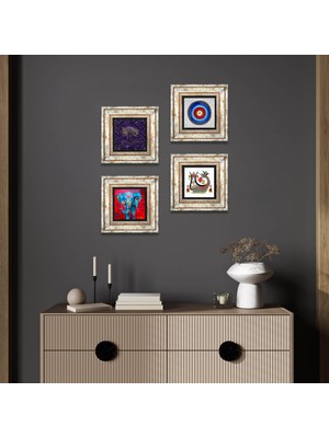 Pinecone Stone Nazar, Hayat Ağacı, Fil, Şahmeran Çerçeveli Taş Duvar Tablosu 4’lü Set - Dekoratif Modern Sanat, Ev ve Ofis Dekoru |TK4-1150|