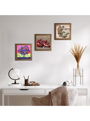 Pinecone Stone Kelebekli Çiçek, Hayat Ağacı, Nar Ahşap Çerçeveli Taş Duvar Tablosu 3’lü Set – 25x25 cm Dekoratif Modern Sanat – Ev ve Ofis Dekoru |W3-1039|