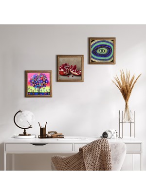 Pinecone Stone Nazar, Hayat Ağacı, Nar Ahşap Çerçeveli Taş Duvar Tablosu 3’lü Set – 25x25 cm Dekoratif Modern Sanat – Ev ve Ofis Dekoru |W3-1056|