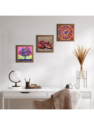 Pinecone Stone Mandala, Hayat Ağacı, Nar Ahşap Çerçeveli Taş Duvar Tablosu 3’lü Set – 25x25 cm Dekoratif Modern Sanat – Ev ve Ofis Dekoru |W3-1060|