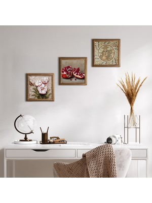 Pinecone Stone Mozaik Serisi, Kelebekli Çiçek, Nar Ahşap Çerçeveli Taş Duvar Tablosu 3’lü Set – 25x25 cm Dekoratif Modern Sanat – Ev ve Ofis Dekoru |W3-1220|