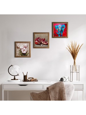 Pinecone Stone Fil, Kelebekli Çiçek, Nar Ahşap Çerçeveli Taş Duvar Tablosu 3’lü Set – 25x25 cm Dekoratif Modern Sanat – Ev ve Ofis Dekoru |W3-1255|