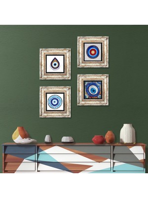 Pinecone Stone Nazar Çerçeveli Taş Duvar Tablosu 4’lü Set - Dekoratif Modern Sanat, Ev ve Ofis Dekoru |TK4-1501|
