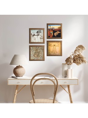 Pinecone Stone Salvador Dalí, Mozaik Serisi, Leonardo da Vinci Ahşap Çerçeveli Taş Duvar Tablosu 4’lü Set – 25x25 cm Dekoratif Modern Sanat – Ev ve Ofis Dekoru |W4-975|