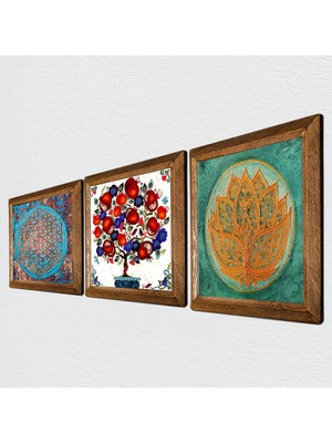 Pinecone Yaşam Çiçeği, Lotus Çiçeği, Nar Ağacı Taş Duvar Tablosu Ahşap Çerçeveli Duvar Dekoru 3 Parça Tablo Seti Wall Art W3-106