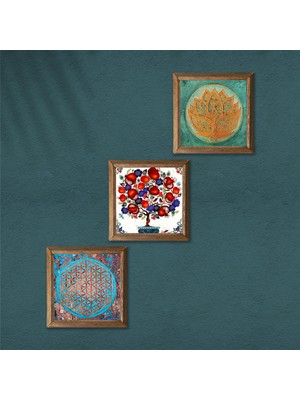 Pinecone Yaşam Çiçeği, Lotus Çiçeği, Nar Ağacı Taş Duvar Tablosu Ahşap Çerçeveli Duvar Dekoru 3 Parça Tablo Seti Wall Art W3-106