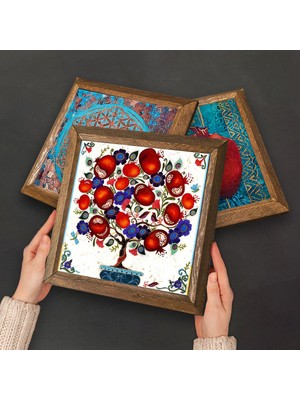 Pinecone Yaşam Çiçeği, Lotus Çiçeği, Nar Ağacı Taş Duvar Tablosu Ahşap Çerçeveli Duvar Dekoru 3 Parça Tablo Seti Wall Art W3-106