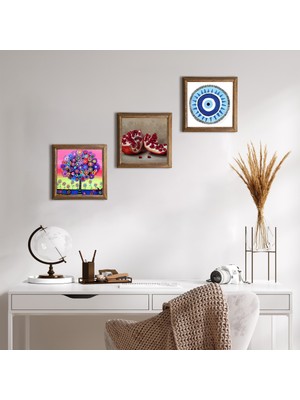 Pinecone Stone Nazar, Hayat Ağacı, Nar Ahşap Çerçeveli Taş Duvar Tablosu 3’lü Set – 25x25 cm Dekoratif Modern Sanat – Ev ve Ofis Dekoru |W3-1066|