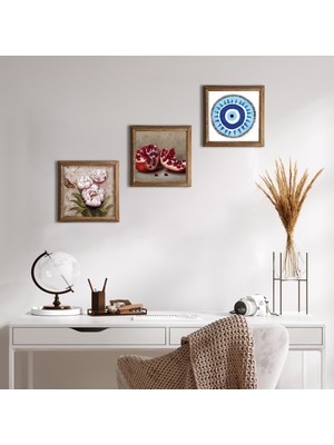Pinecone Stone Nazar, Kelebekli Çiçek, Nar Ahşap Çerçeveli Taş Duvar Tablosu 3’lü Set – 25x25 cm Dekoratif Modern Sanat – Ev ve Ofis Dekoru |W3-1263|