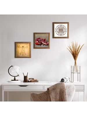 Pinecone Stone Sri Yantra, Leonardo da Vinci Vitruvius Adamı, Nar Ahşap Çerçeveli Taş Duvar Tablosu 3’lü Set – 25x25 cm Dekoratif Modern Sanat – Ev ve Ofis Dekoru |W3-1368|