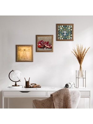 Pinecone Stone Hayat Ağacı, Leonardo da Vinci Vitruvius Adamı, Nar Ahşap Çerçeveli Taş Duvar Tablosu 3’lü Set – 25x25 cm Dekoratif Modern Sanat – Ev ve Ofis Dekoru |W3-1386|
