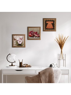 Pinecone Stone Hırka-i Şerif, Kelebekli Çiçek, Nar Ahşap Çerçeveli Taş Duvar Tablosu 3’lü Set – 25x25 cm Dekoratif Modern Sanat – Ev ve Ofis Dekoru |W3-1254|