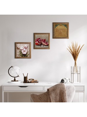 Pinecone Stone Esma'ül Hüsna, Kelebekli Çiçek, Nar Ahşap Çerçeveli Taş Duvar Tablosu 3’lü Set – 25x25 cm Dekoratif Modern Sanat – Ev ve Ofis Dekoru |W3-1227|