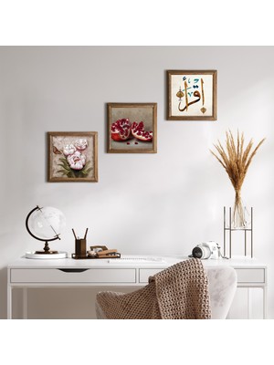 Pinecone Stone İlk Ayet 'Oku', Kelebekli Çiçek, Nar Ahşap Çerçeveli Taş Duvar Tablosu 3’lü Set – 25x25 cm Dekoratif Modern Sanat – Ev ve Ofis Dekoru |W3-1232|