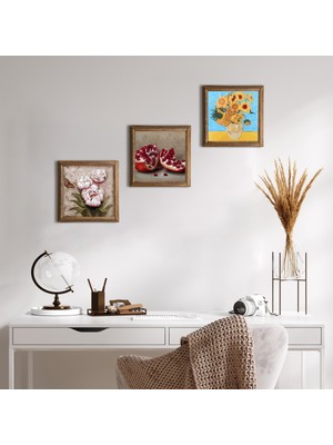 Pinecone Stone Van Gogh On İki Ayçiçekli Vazo, Kelebekli Çiçek, Nar Ahşap Çerçeveli Taş Duvar Tablosu 3’lü Set – 25x25 cm Dekoratif Modern Sanat – Ev ve Ofis Dekoru |W3-1269|