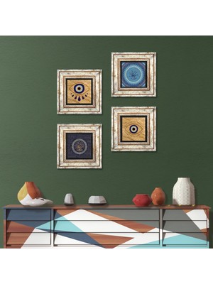 Pinecone Stone Nazar Çerçeveli Taş Duvar Tablosu 4’lü Set - Dekoratif Modern Sanat, Ev ve Ofis Dekoru |TK4-1487|