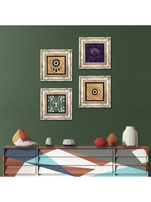 Pinecone Stone Nazar, Hayat Ağacı Çerçeveli Taş Duvar Tablosu 4’lü Set - Dekoratif Modern Sanat, Ev ve Ofis Dekoru |TK4-1491|