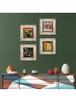 Pinecone Stone Gustav Klimt, Leonardo da Vinci, Çığlık, Yerli Kadınlar Çerçeveli Taş Duvar Tablosu 4’lü Set - Dekoratif Modern Sanat, Ev ve Ofis Dekoru |TK4-1692|