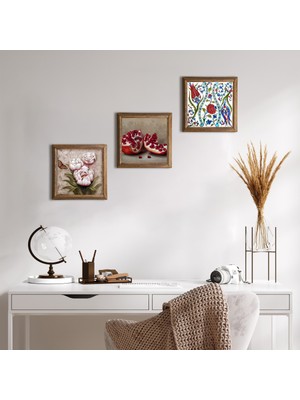 Pinecone Stone Çini Sanatı Lale, Kelebekli Çiçek, Nar Ahşap Çerçeveli Taş Duvar Tablosu 3’lü Set – 25x25 cm Dekoratif Modern Sanat – Ev ve Ofis Dekoru |W3-1245|