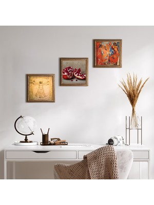 Pinecone Stone Picasso Avignonlu Kızlar, Da Vinci Vitruvius Adamı, Nar Ahşap Çerçeveli Taş Duvar Tablosu 3’lü Set – 25x25 cm Dekoratif Modern Sanat – Ev ve Ofis Dekoru |W3-1395|