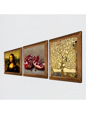 Pinecone Gustav Klimt Hayat Ağacı, Leonardo da Vinci Mona Lisa, Nar Taş Duvar Tablosu Ahşap Çerçeveli Duvar Dekoru 3 Parça Tablo Seti Wall Art W3-1405