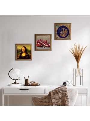 Pinecone Tavus Kuşu, Leonardo da Vinci Mona Lisa, Nar Taş Duvar Tablosu Ahşap Çerçeveli Duvar Dekoru 3 Parça Tablo Seti Wall Art W3-1428