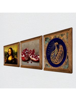 Pinecone Tavus Kuşu, Leonardo da Vinci Mona Lisa, Nar Taş Duvar Tablosu Ahşap Çerçeveli Duvar Dekoru 3 Parça Tablo Seti Wall Art W3-1428