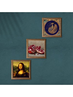 Pinecone Tavus Kuşu, Leonardo da Vinci Mona Lisa, Nar Taş Duvar Tablosu Ahşap Çerçeveli Duvar Dekoru 3 Parça Tablo Seti Wall Art W3-1428