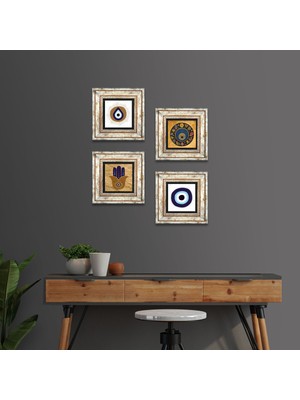 Pinecone Stone Fatma Ana Eli (Hamsa), Nazar Çerçeveli Taş Duvar Tablosu 4’lü Set - Dekoratif Modern Sanat, Ev ve Ofis Dekoru |TK4-1856|