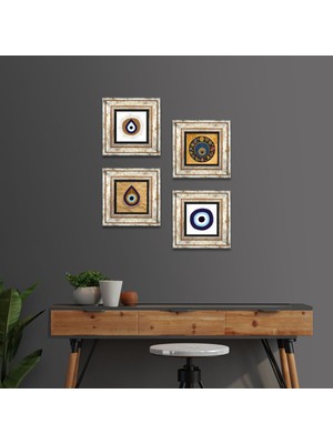 Pinecone Stone Nazar Çerçeveli Taş Duvar Tablosu 4’lü Set - Dekoratif Modern Sanat, Ev ve Ofis Dekoru |TK4-1860|
