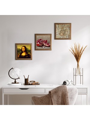 Pinecone Stone Mozaik Serisi, Leonardo da Vinci Mona Lisa, Nar Ahşap Çerçeveli Taş Duvar Tablosu 3’lü Set – 25x25 cm Dekoratif Modern Sanat – Ev ve Ofis Dekoru |W3-1413|